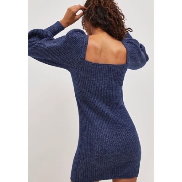 NEW Anthropologie Asha Navy Square Puff-Sleeved Shimmer Knit Mini Dress Medium - Picture 4 of 6
